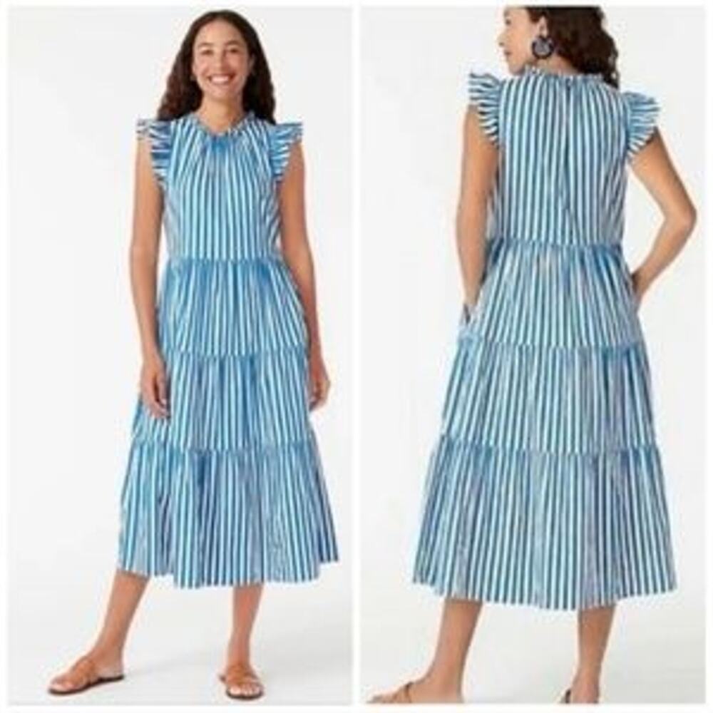 J. Crew Blue Tiered Cape Stripe Dobby Midi Dress Size XS